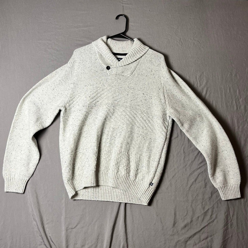 Chaps Sweater Mens Large Shawl Collar Cream Speckled Elbow Patches EUC